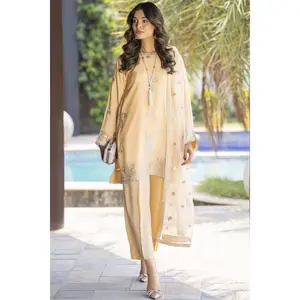 Champagne Gold Embroidered 3pc Raw Silk Suit – Ros2 by Gul Warun