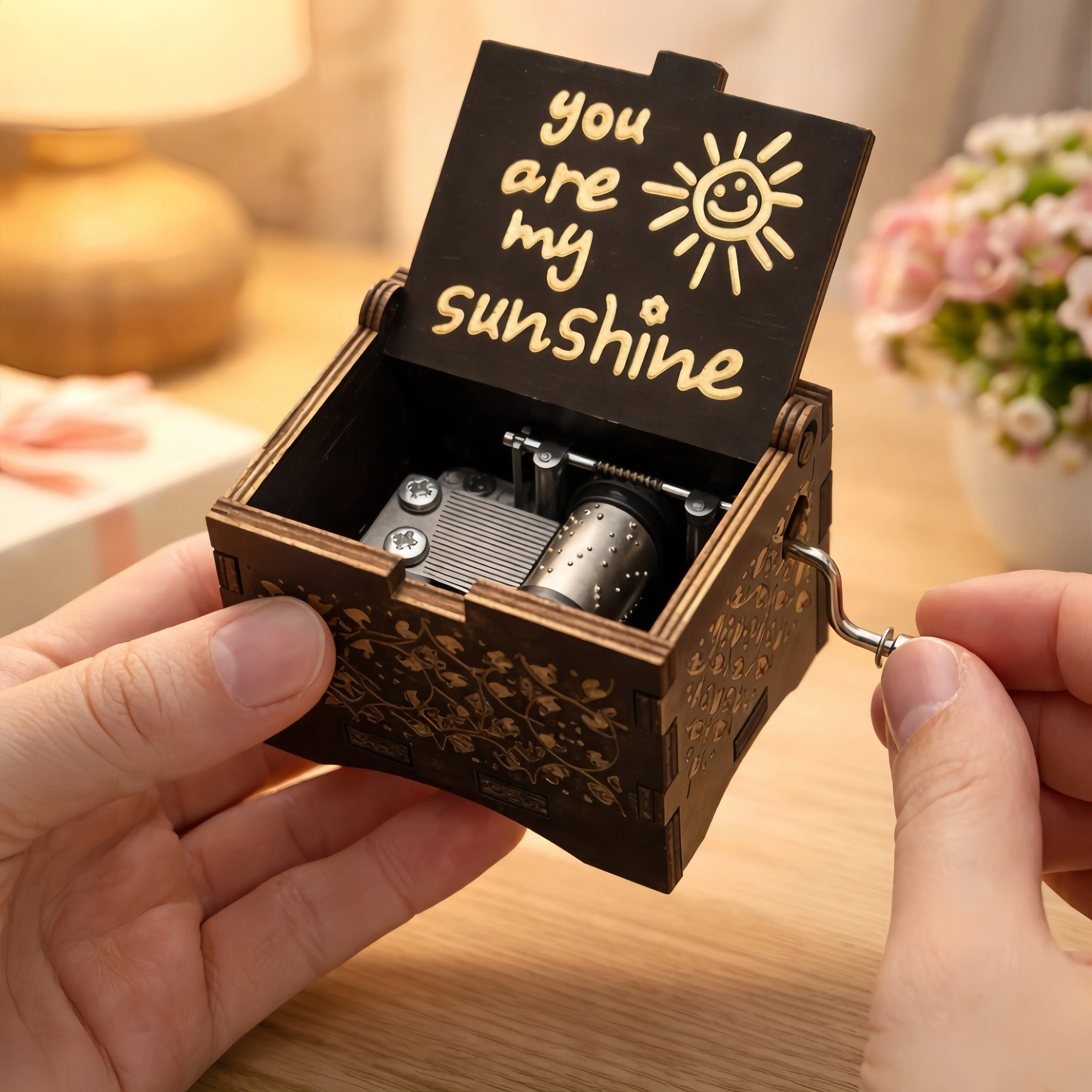 Vintage Wooden Engraved "You Are My Sunshine" Hand-Crank Music Box, Battery-Free Home Decor, Thoughtful Collectible Gift for Birthday, Anniversary, Thoughtful Gifts, Collectible Gifts