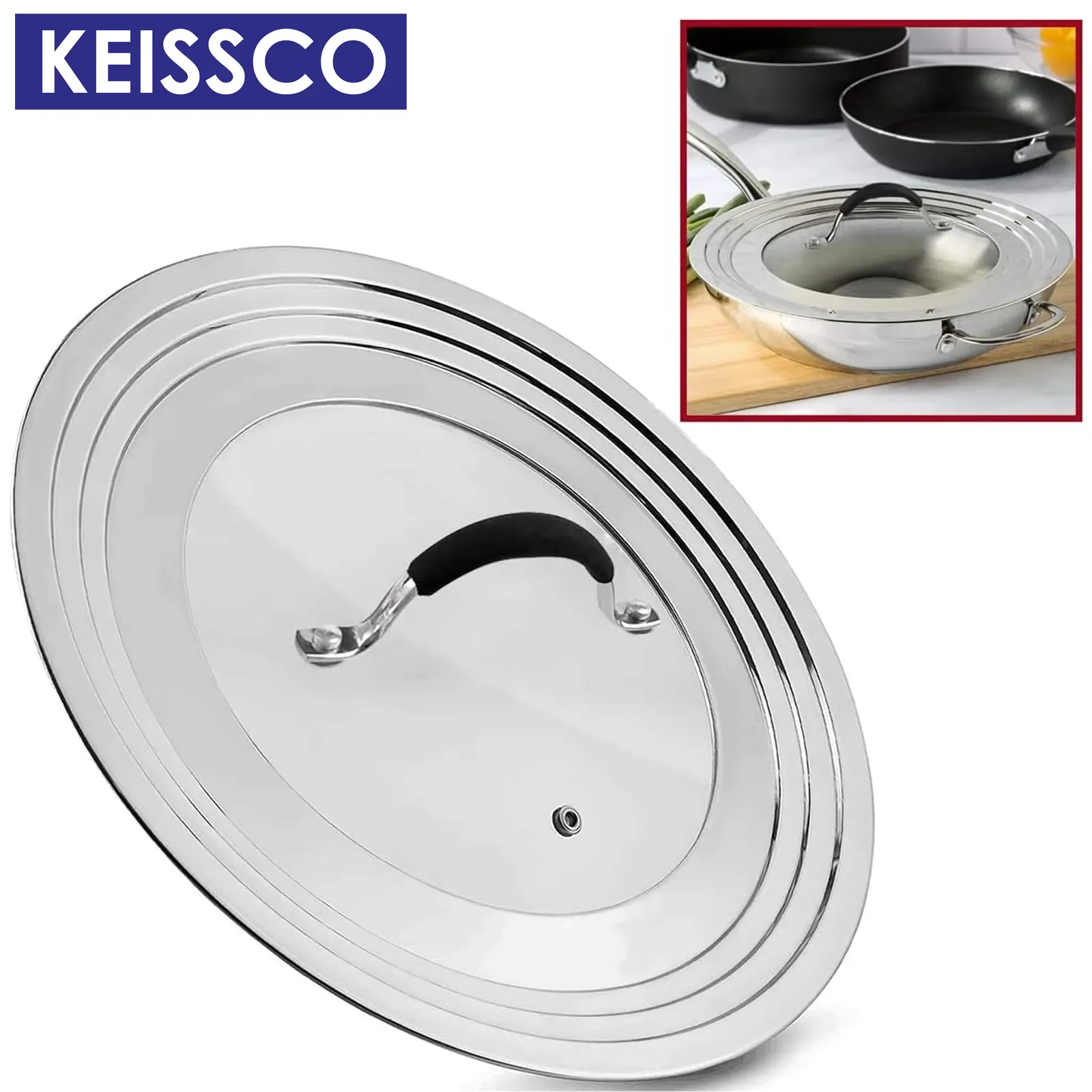 Stainless Steel Universal Lid for Pots, Pans and Skillets - Fits 7" to 12" Pot and Pans - Tempered Glass with Stainless Steel Rim Replacement Frying Pan Cover and Cast Iron Skillet Lid