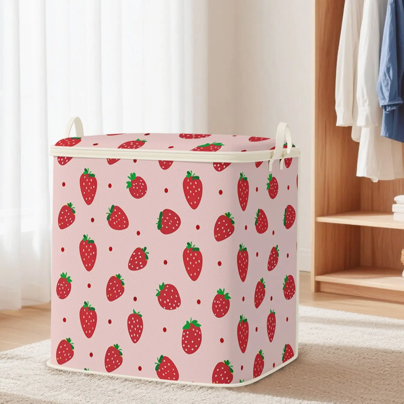 Large Capacity Foldable Storage Zipper Bag, Home Organizer, Organizational Zipper Storage, Strawberry Pattern Print, Durable Non-Woven Fabric, Perfect Home Gift, Suitable for Blankets and Clothes, Versatile Storage Bag