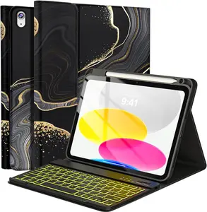 for iPad A16 11th 10th Generation Case with Keyboard, Detachable 7 Colors Backlit  Marble Keyboard Case with Pencil Holder for iPad A16 11th 11-inch 2025 &10th Gen 10.9 Inch 2022, Black