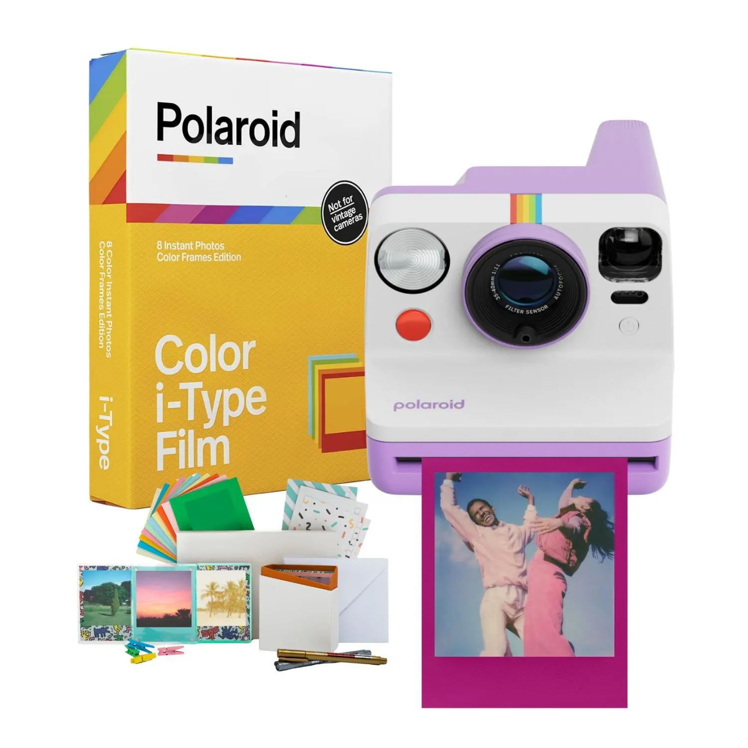 Polaroid Now Generation 3 Rechargeable Analog Instant Camera - Purple, Colorful Square Prints, Automatic Light Mtr, and Accessories Bundle, Light Meter