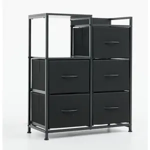 5-Drawer Fabric Paneled Wardrobe with Double-Layer Shelf Storage Cabinet, Sturdy Metal Frame with Removable Drawers, Multi-Compartment Organizer for Clothes Toys and Supplies, Perfect for Bedroom Dorm Room and Small Space Storage