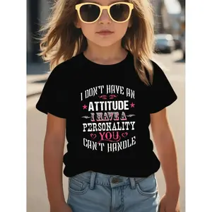 [Summer Fashion, Girls' T-Shirt] Summer Fashion Casual Girls' Short Sleeve T-Shirt | "I DON'T HAVE AN ATTITUDE" Letter Print Versatile Top