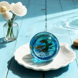 Handmade Blown Glass Ocean Paperweight, Blue Underwater World Glass Ball, Luxury Style Home Decor, Unique Art Gift