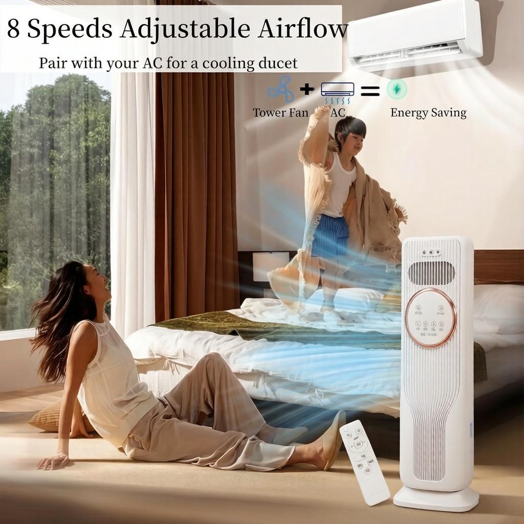 Multi-Functional Bladeless Tower Fan Heater – 3 Fan Speeds, 2 Heat Levels, Remote Included, Ice Water Cool Breeze, Energy Efficient, All-Season Use – Must-Have Home Appliance