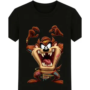 Men's Plus Size Cartoon Taz Graphic Tee - Stylish Black Short Sleeve Shirt Featuring Aggressive Tasmanian Devil Design, Perfect for Casual Wear or Gifts