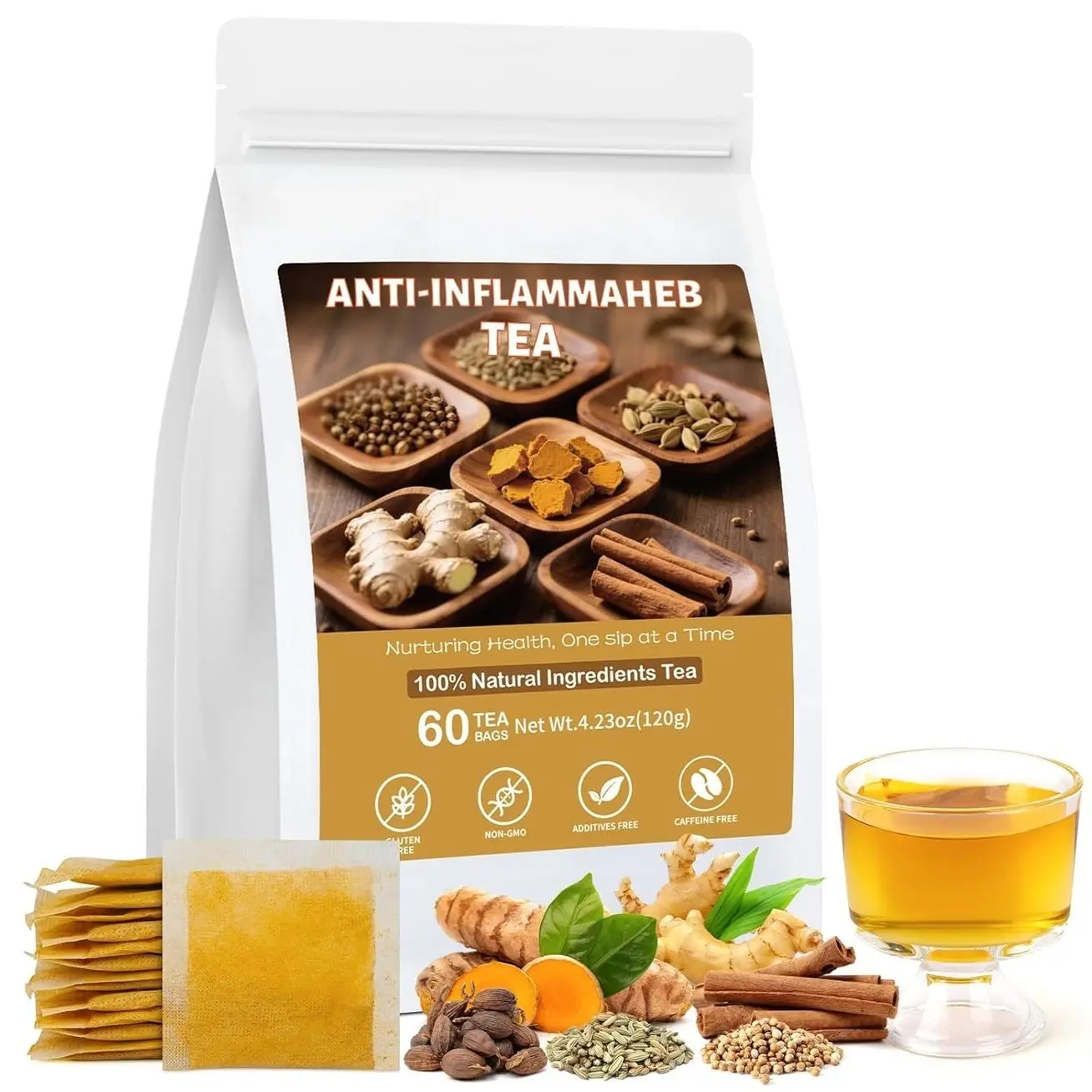 Anti-Inflammaheb Tea, 100% Natural Inflammation Tea from Premium Turmeric, Ginger, Cinnamon, Cardamom, Cumin, Coriander Seeds Herbal Ingredients, Supports Antioxidant, Boost Immunity (1 Pack/60 Bags）