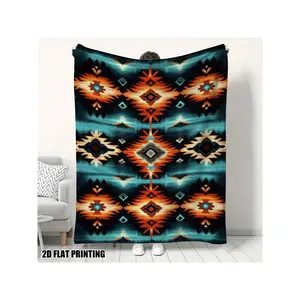 Vintage Teal Orange Southwestern Aztec Tribal Geometric Print Cozy Soft Flannel Throw Blanket