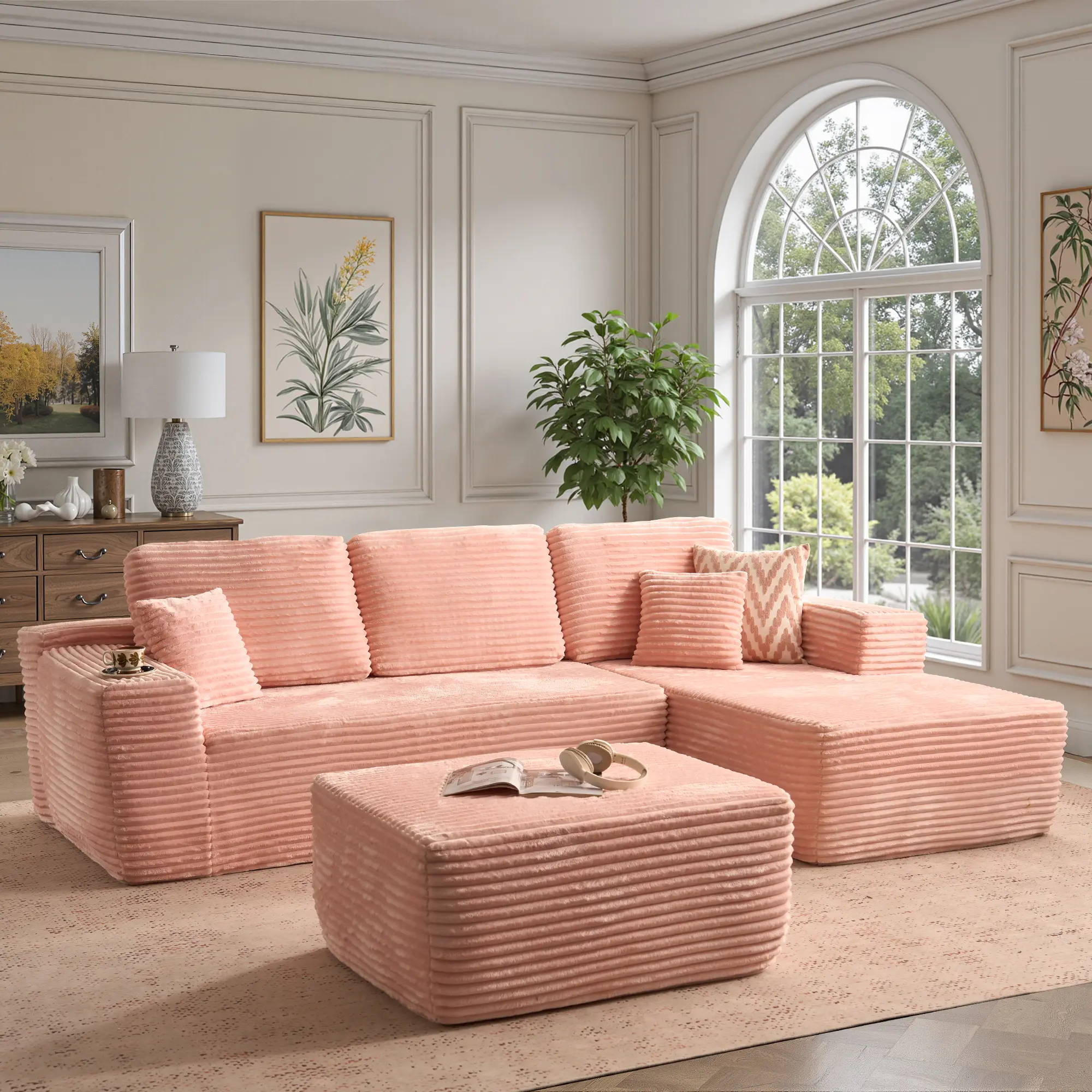 Pink Plush Right Chaise| with Ottoman