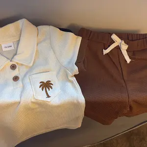 [Lullaby] Toddler Baby Boy Summer Outfit Casual Coconut Tree Button Collared Short Sleeve Tops and Shorts 2 Pcs Set