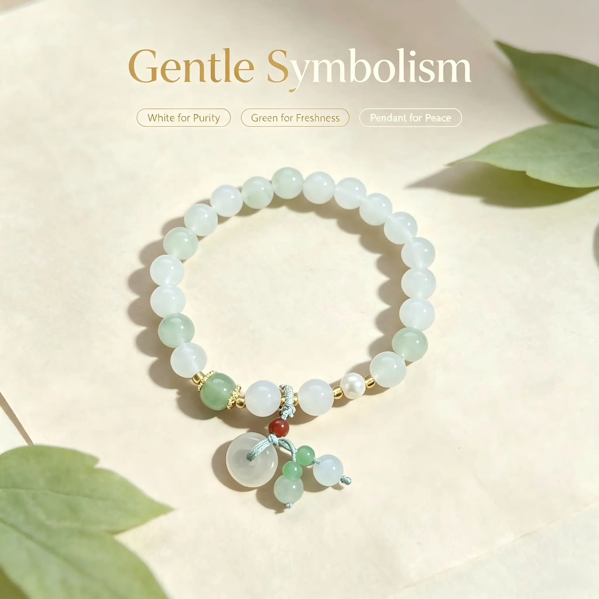 Translucent White Green Round Stone Bead Bracelet, Traditional Oriental Stone Craft Collectible Ornament, Elastic Hand String with Decorative Pendant Daily Wear Accessory