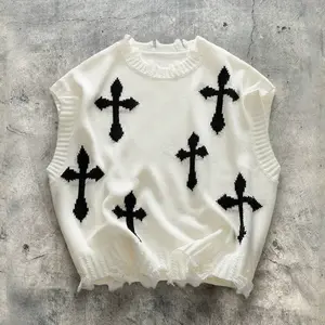 Men's Street Style Casual Short Cross Pendant Halloween Christmas Destroyed Fringe Party Layered Loose Sleeveless Round Neck Knit Vest Vest Tops