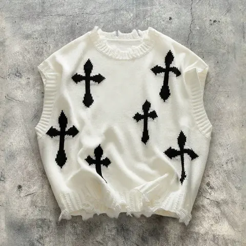 Men's Street Style Casual Short Cross Pendant Halloween Christmas Destroyed Fringe Party Layered Loose Baggy Round Neck Knit Sleeveless Fashion Vest