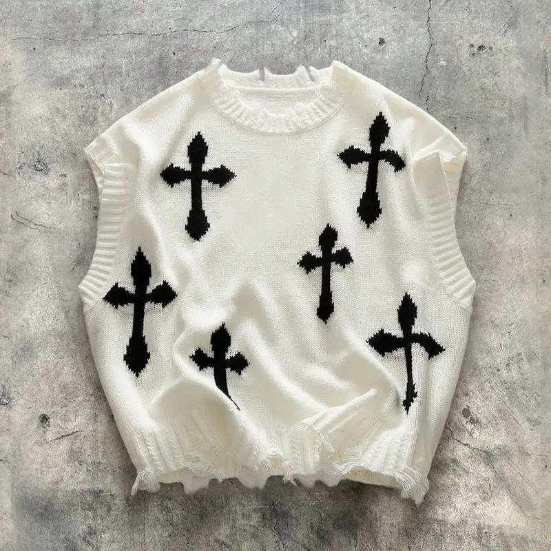 Men's Street Style Casual Short Cross Pendant Halloween Christmas Destroyed Fringe Party Layered Loose Baggy Round Neck Knit Sleeveless Fashion Vest