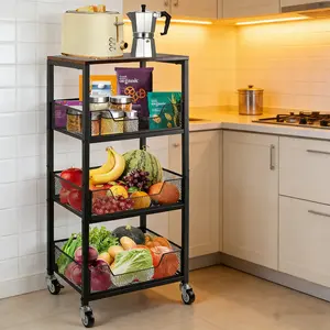 Kitchen 4-Tier Storage Cart on Wheels with Mesh Baskets for Fruits Vegetables and Groceries