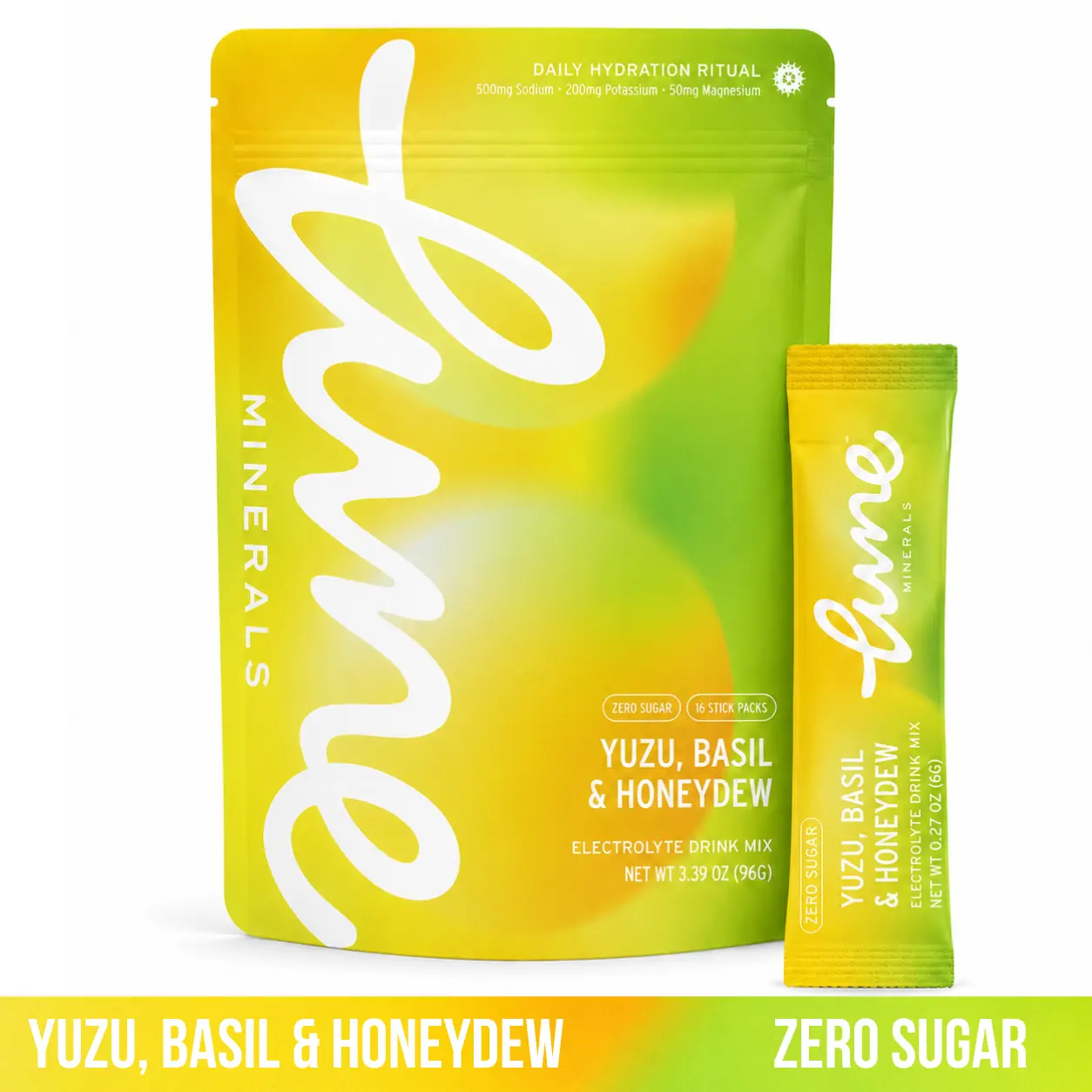Lune Minerals Yuzu Basil Honeydew Electrolyte Drink Mix – Zero Sugar, No Stevia, 16 Single-Serve Sticks