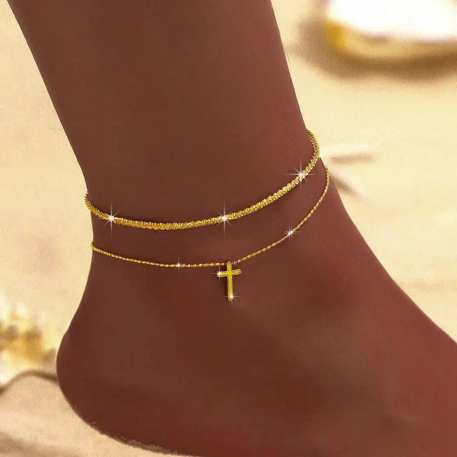 Waterproof Ankle Bracelet Rhinestone Cross Layered Anklet Glitter Fashion Foot Accessories, Women's free for shipping