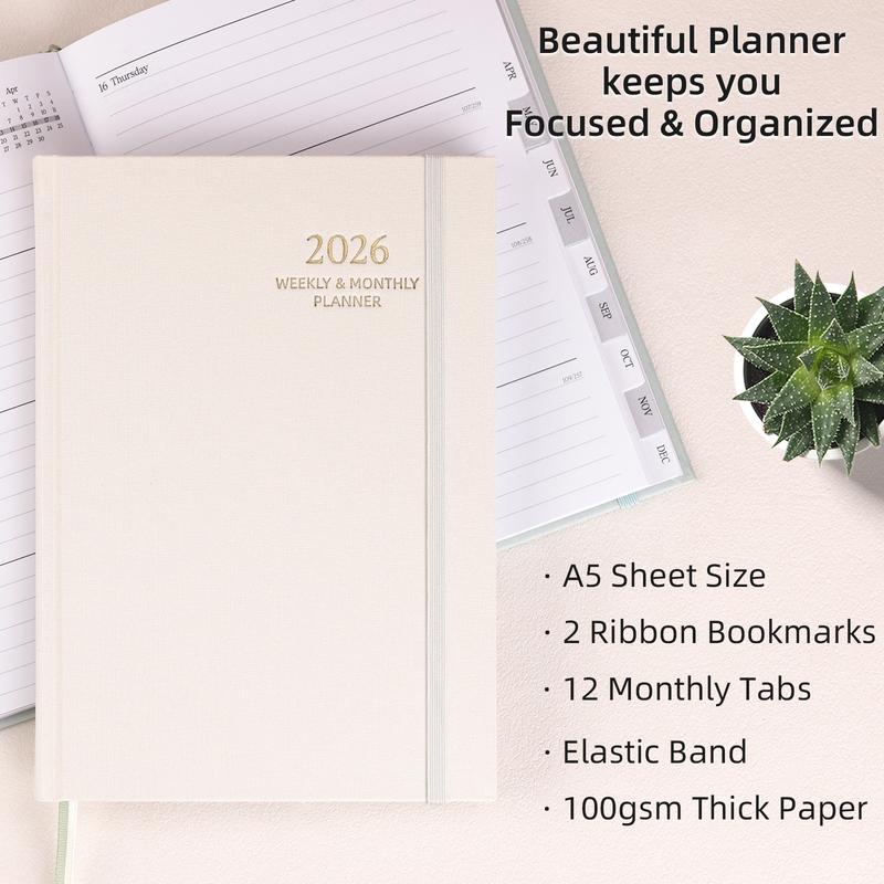 2026 Planner - Weekly and Monthly Productivity Planner, Jan 2026 - Dec 2026, Linen Hardcover Planning Agenda book with Tabs, Aesthetic, Academic, Perfect for Office Home School Supplies