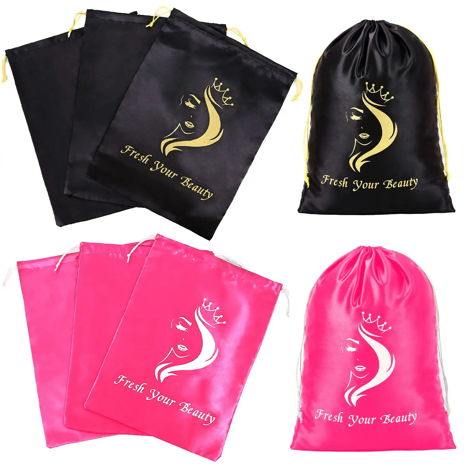 6PCS Wig Storage Bags with Drawstring – Satin Wig Travel Bags for Wigs, Hair Extensions & Bundles
