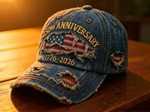 Mens American Themed Denim Fabric Trucker Hat - Embroidered 250th Anniversary 1776-2026 Distressed Vintage Patriotic Snapback Baseball Cap, Summer Sports Accessory, Mens Hats, American Themed Hats