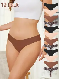 Women's Leopard Print Thong Panties, Low Waist Seamless Comfortable Underwear, Luxurious Women's Lingerie, All Seasons, 12 Pairs Pack
