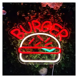 Sign Illuminated Burger Neon Sign Hanging Decor Light For Food Joints, Cafes, And Home Decor Hamburger Neon Light 25.1cm×34cm