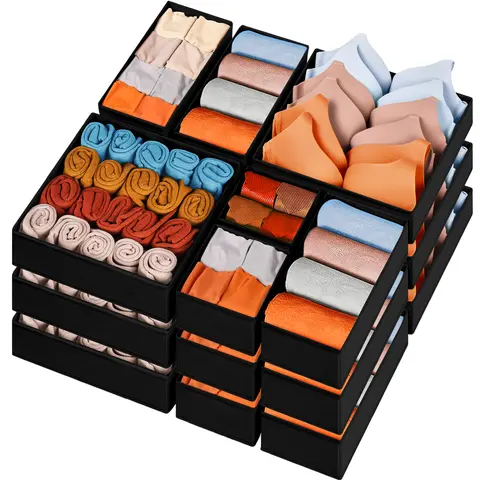 Criusia 15pc Full Drawer Fabric Closet Organizer Boxes - Collapsible Multi-Size Clothes Storage Box (11"x5.5"x5",5.5"x5.5"x3.8",3.8in Height Fits Most Drawers) for Nursery, Sock/Baby Clothes Dividers, Perfume Holders, Base Boards Compatible (Black)