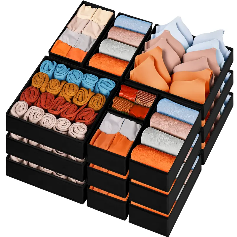 Criusia 15pc Full Drawer Fabric Closet Organizer Boxes - Collapsible Multi-Size Clothes Storage Box (11"x5.5"x5",5.5"x5.5"x3.8",3.8in Height Fits Most Drawers) for Nursery, Sock/Baby Clothes Dividers, Perfume Holders, Base Boards Compatible (Black)