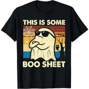 Mens Casual Round Neck Short Sleeve Seamless Graphics Halloween T-Shirt - This is Some Spooky Sheet Ghost Retro Design, Available in S-5XL, Black Hoodie Front, Black Sweatshirt Front