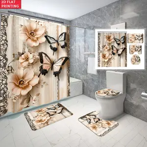 2D plan, 1/4 piece creative butterfly flower bathroom set, suitable for home and hotel use - elegant beige shower curtain with anti slip bath mat, toilet seat cover and U-shaped blanket pad, essential home decoration items, bathroom decoration accessories
