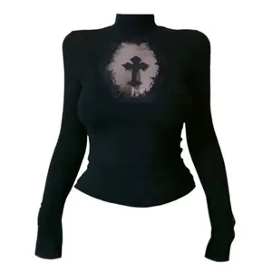 2025 2000s Sexy Woman Y2k Clothing Goth Cross Hollow Out Tshirt Slim Punk 2000s Hot Girl Lace Long Sleeves High Collar Harajuku Vintage Top Womenswear Blouse Casual