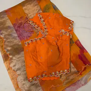 Latest Pure Organza Orange Colour Saree With Stripes with Heavy Blouse