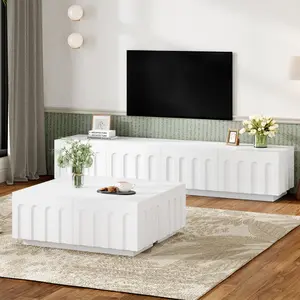 Elegant TV Stand & Coffee Table Set of 2, Multi-Functional Media Console with Arched Design for TVs Up to 80", Modern Dual Purpose Center Table with Drawers for Living Room, Bedroom, White