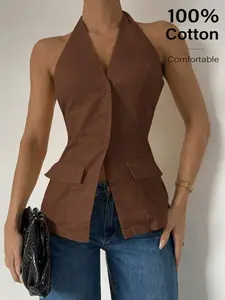 Sable x Sable x Siren Gaze Summer 2025: Linen Halter Neck Tank Top – Sleeveless Button-Down Top For Workwear & Casual Chic Brown