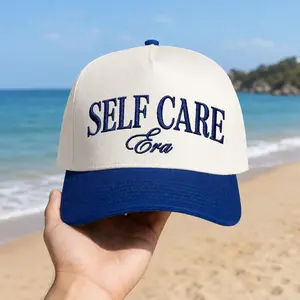 Self Care Era Embroidered Baseball Hat Two Tone Canvas Cap Trendy Aesthetic Mental Health Awareness Gift Unisex Adjustable Navy and Cream Trucker Style Hat Positive Vibes Embroidery Headwear Lifestyle