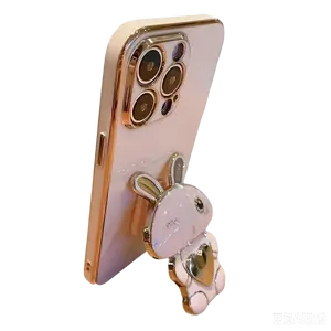 Electroplated Rabbit Stand Case for iPhone 11-16 Pro Max Military Grade Rotating Camera Cover High Quality Pink Wallpaper Protection