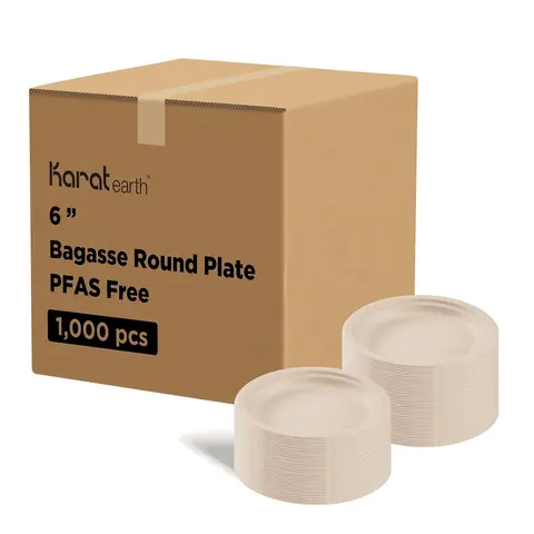 [6"/7":1000pcs | 9"/10":500pcs] Karat Earth PFAS Free Compostable Bagasse Round Plates, Natural