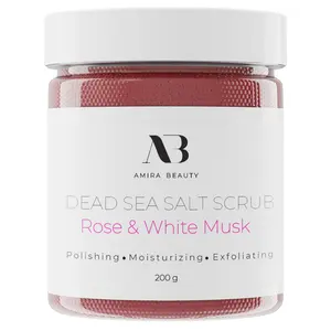 Amira Beauty Dead Sea Body Salt Scrub Rose & White Musk - Deep Cleansing, Exfoliating, Moisturizing, Hydrating, Nourishing - Reduces Cellulite, Stretch Marks, Texture and Acne 7 OZ