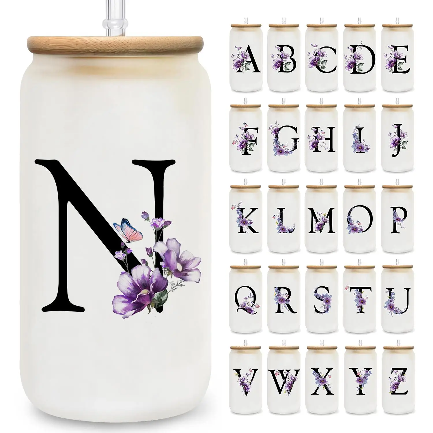 Flower & A-Z Pattern Glass Cup, 16oz Glass Cup with Bamboo Lid & Straw, Summer Cool Bottle Modern Drinking Cup for Home Office, Birthday Gift for Wome