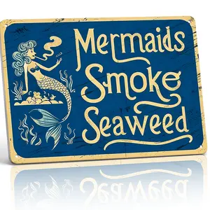 8x12 Inch Aluminum "Mermaids Smoke Seaweed" Metal Sign – Whimsical Retro Blue/Gold Wall Art for Bathroom, Beach House & Bar. Vintage Mermaid Illustration, Waterproof & Playful. Ideal for Coastal & Nautical Decor.