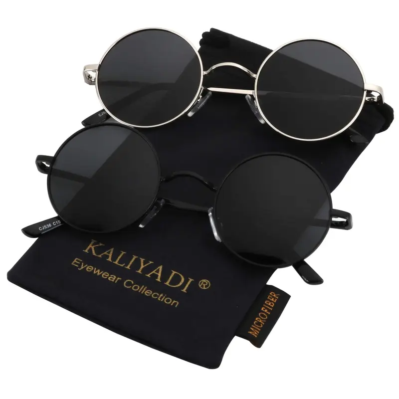 KALIYADI Retro Round Polarized Metal Sunglasses for Adults - UV 400 Protection, PC Polarized Lenses, Lightweight Metal Texture, Casual Eyewear, 2-Pair Gift Idea Package (S36)