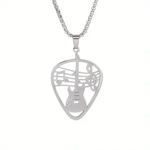 Reed Punk Rock Note Guitar Pick Pendant Necklace Hip-Hop Party Jewelry Silver Tone Musical Theme for Music Lovers