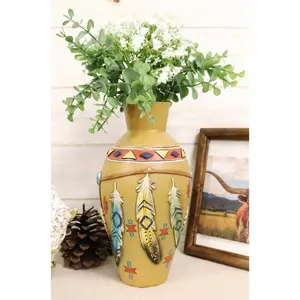 Rustic Southwestern Native American Dreamcatcher Feathers Floral Vase Sculpture