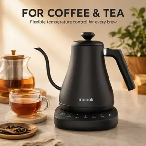 INCOOK Gooseneck Kettle with 5 Temperature Control Presets, Pour Over Kettle for Coffee & Tea, Hot Water Boiler, 100% Stainless Steel Inner Lid & Bottom, 1200W, 0.8L, Black