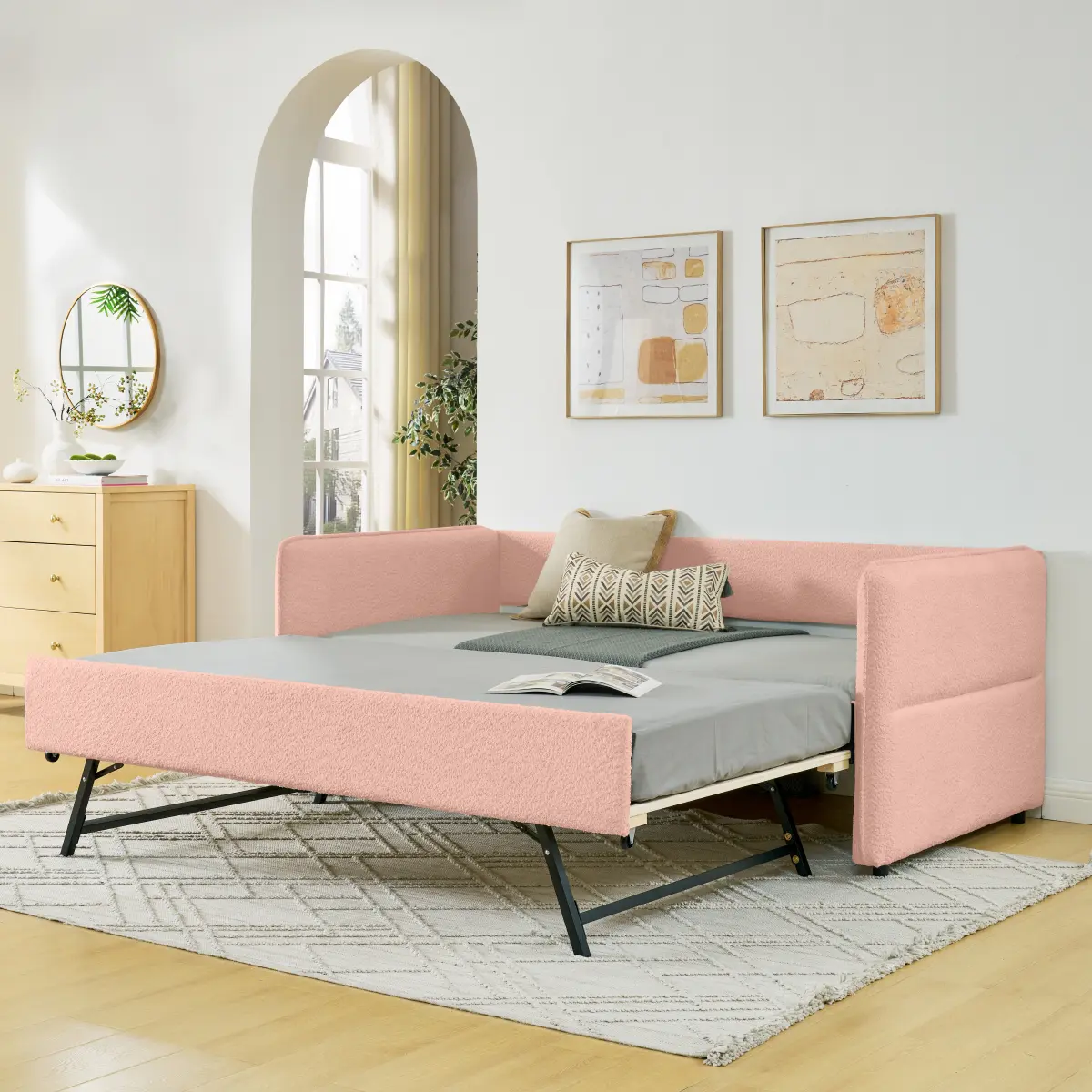 Twin Daybed with Pop Up Trundle Bed, Modern Upholstered Boucle Twin Size Day Bed Frame, Tufted Corner Sofa Bed Furniture for Bedroom, Living Room, Guest Room No Box Spring Needed, Pink