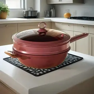 Red Pot 160oz PFA(Perfluoroalkoxy) Free Natural Health Ceramic Pressure Frying Pan, Non-StickCoating, Steam Rack Included, Multi-Function Cooking Pot for Induction & Gas Stoves