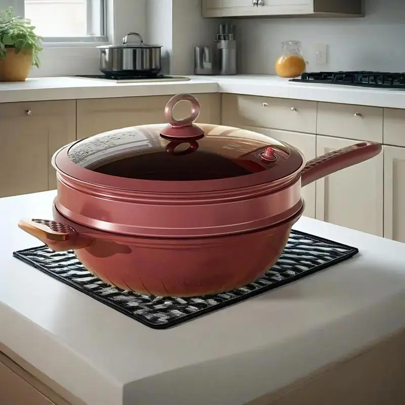 160oz Red Ceramic Pressure Frying Pan Cookware, PFA-Free, Natural Health, Non-Stick Coating, Steam Rack Included (Steam Rack Keeps Nutrients), Multi-Function Pot for Induction & Gas Stoves