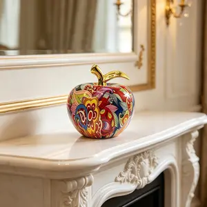 Colorful Graffiti Apple Decorative Figurine with Gold Handle, Unique Design for Home Decoration, Perfect Gift for Bedroom Living Room Desk