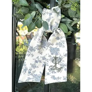 Vintage Blue Floral Classic Embroidered Wreath Sash | Personalized | Monogrammed | Cotton | Housewarming | Wedding | Summer | Blue White